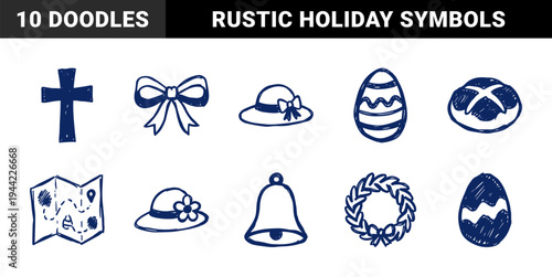 Hand-drawn Easter holiday and spring religious elements for rustic branding. Naive marker sketch illustrations featuring festive celebration concepts.