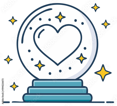 Crystal ball with heart symbol and stars, symbolizing fortune, love, and magic