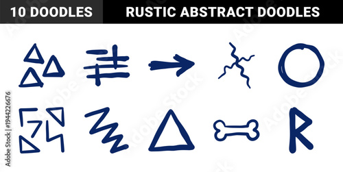 Hand-drawn primitive symbols and abstract geometric shapes in a naive marker sketch style. Rustic blue doodle elements for organic brand identity.
