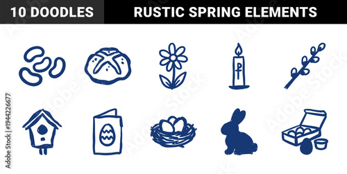 Hand-drawn Easter and spring celebration elements in a rustic navy blue ink doodle style. Naive marker sketch illustrations for holiday branding and seasonal decor.
