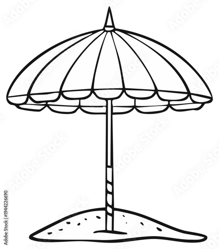 Simple black and white line drawing of a beach umbrella standing in sand