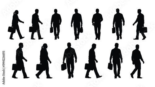 Silhouette of business people walking in different directions with briefcases