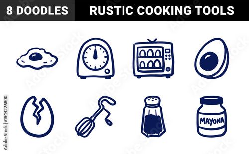 Hand-drawn breakfast and cooking elements in a naive doodle style. Rustic navy blue marker sketches featuring eggs, kitchen scale, and oven for culinary branding.