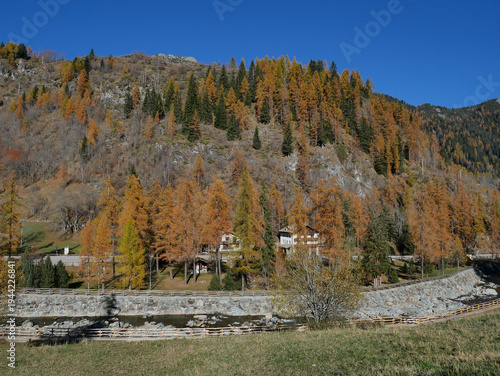 Autumn in the Alps. Chardonney, a hamlet of Champorcher, Aosta Valley, Alps, Italy.