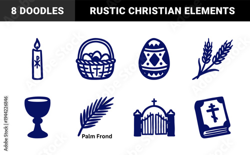 Hand-drawn Easter and Christian religious symbols for spiritual branding. Rustic naive marker sketch illustrations featuring church and holiday motifs.