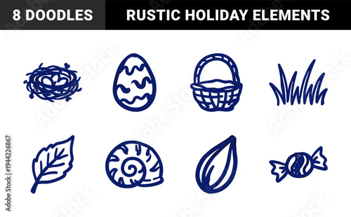 Easter and spring nature elements for rustic holiday branding. Naive marker sketch illustrations featuring eggs, nest, basket, and garden concepts.