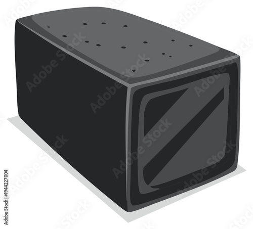 Sleek dark grey audio speaker illustration with front grille and perforated top