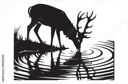 A majestic elk drinks from a reflective pool in a stylized design