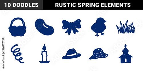 Hand-drawn Easter and spring seasonal elements in a naive marker sketch style. Rustic navy blue doodle illustrations featuring holiday and nature motifs.