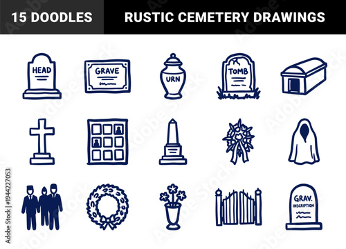 Funeral and cemetery memorial elements for mourning stationary. Hand-drawn naive marker sketch illustrations featuring gravestones and urn.
