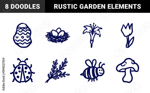Hand-drawn spring nature and garden doodles for organic branding. Rustic naive marker sketch illustrations featuring Easter eggs, flowers, and insects.