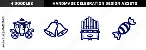 Hand-drawn wedding and celebration elements for romantic brand identity. Rustic, naive marker sketch illustrations featuring carriage, bells, organ, and candy.