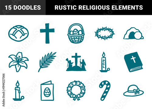 Hand-drawn Easter and Christian religious elements for church branding. Rustic, naive marker sketch illustrations featuring resurrection and holiday symbols.