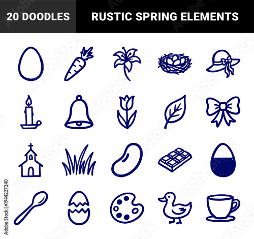Hand-drawn Easter and spring elements for rustic brand identity. Naive marker sketch illustrations featuring eggs, flowers, and seasonal nature concepts.