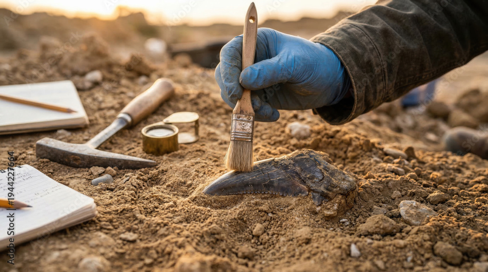 Obraz premium Paleontologist hand brushing dinosaur tooth fossil at excavation site