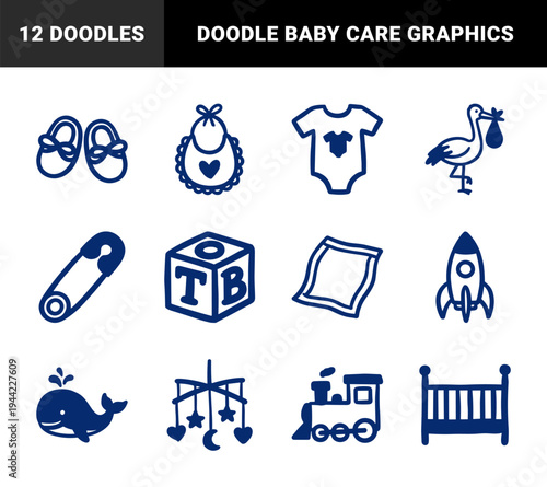 Hand-drawn baby nursery and childhood elements for organic branding. Rustic, naive marker sketch illustrations featuring newborn and toy concepts.