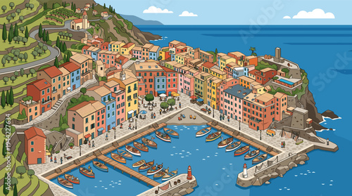Illustrated aerial view of a vibrant coastal village in Italy, featuring colorful buildings, a marina filled with boats, and people strolling along the harbor.