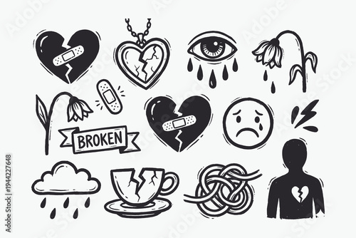 Grunge Hand-Drawn Doodle Set of Broken Heart and Sadness Icons