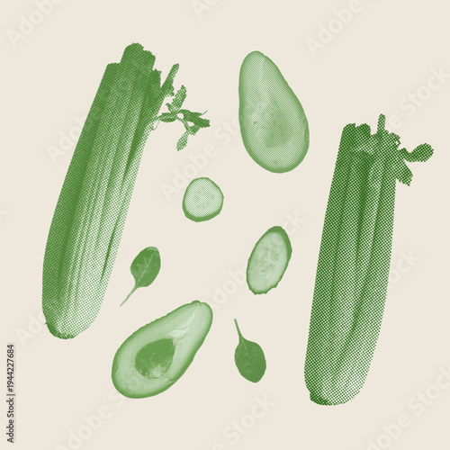 Healthy vegetable collection with celery, avocado, cucumber and spinach in green halftone vector style.
