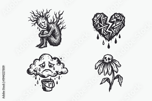 Grunge Hand-Drawn Collection of Sadness and Melancholy Symbols: Broken Heart, Crying Tree, Rain Cloud, Skull Flower