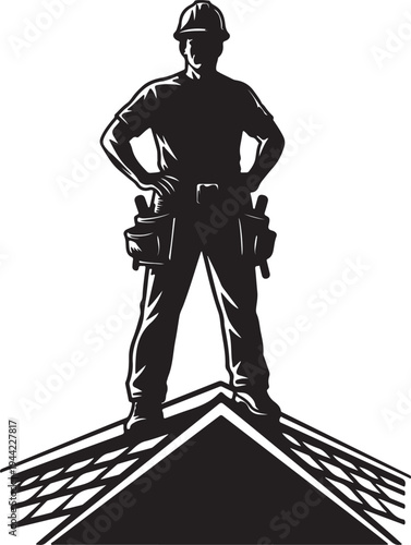 Silhouette of a confident construction worker or roofer standing on a roof peak with a hard hat and tool belt.