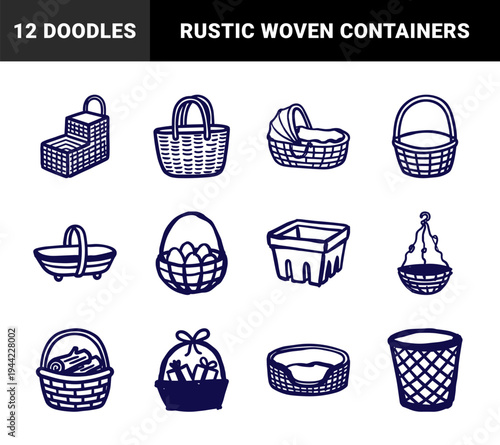 Rustic hand-drawn basket and storage elements for organic brand identity. Naive marker sketch illustrations featuring woven containers and picnic concepts.