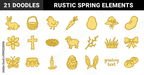 Hand-drawn Easter and spring celebration elements in a naive doodle style. Rustic yellow marker sketch illustrations for seasonal holiday branding.