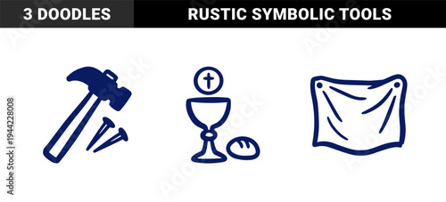 Hand-drawn religious and carpentry elements in a rustic naive style. Clumsy marker sketch featuring communion chalice, hammer, and shroud.