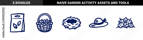 Garden and spring doodle elements for organic brand identity. Naive marker sketch illustrations featuring bird nest, flower basket, and seeds.
