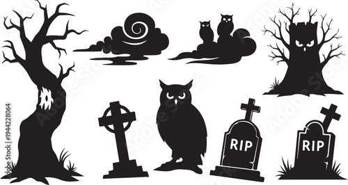 Halloween Silhouette Set with Owls and Gravestones at Night