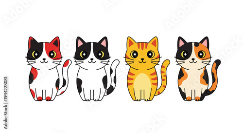 Four colorful cartoon cats sitting in a row on a white background with vibrant fur patterns.