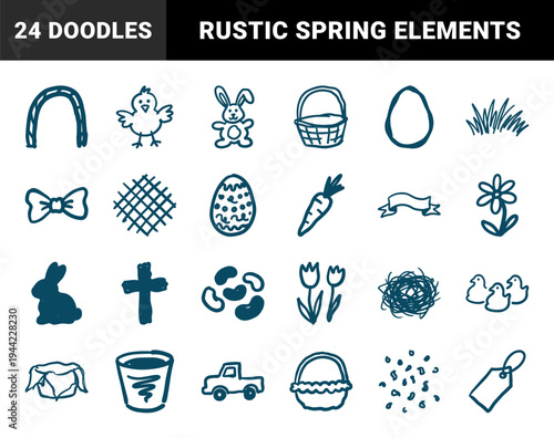 Hand-drawn Easter holiday doodles for festive branding and seasonal stationery. Rustic naive marker sketch illustrations of spring celebration elements.