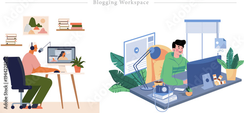 Blogging Workspace Flat Vector Podcast Video Studio Content Creator Illustration