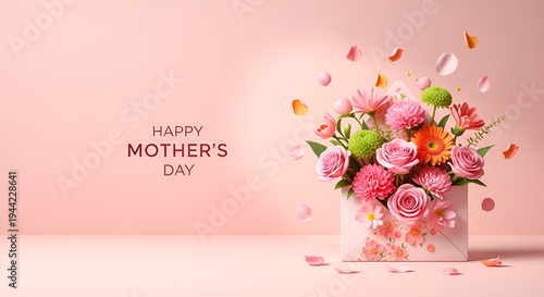 Mothers Day greeting design with colorful floral bouquet in envelope on soft pink background expressing love gratitude appreciation for mother celebration card concept