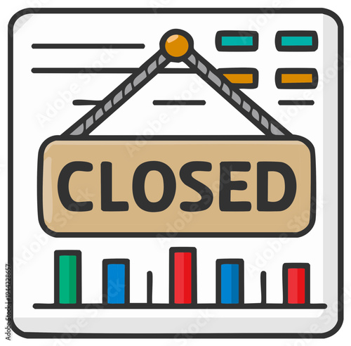 Business closure concept with a closed sign hanging over a financial data chart illustration