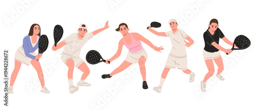 Flat vector set of men and women playing padel or paddle tennis in different action poses. Perfect for sports graphics, fitness content, padel clubs, training materials, and active lifestyle concepts.
