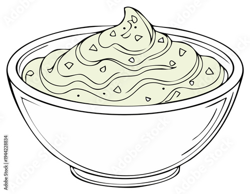 Hand drawn cartoon style illustration of a bowl of creamy light green dip or sauce