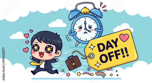 A cartoon man in a business suit runs away from an alarm clock with a suitcase, surrounded by colorful icons and text reading 'DAY OFF!!' on a blue sky background with clouds.