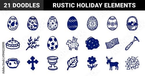 Traditional Easter holiday symbols and religious folk art elements. Rustic blue ink doodle illustrations featuring ornate eggs, spring willow, and paschal lamb.
