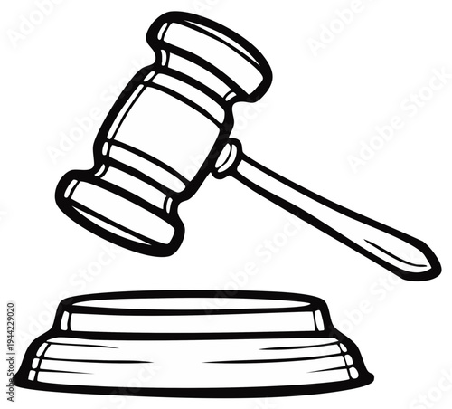 Illustration of a wooden gavel and sound block, justice and law concept.