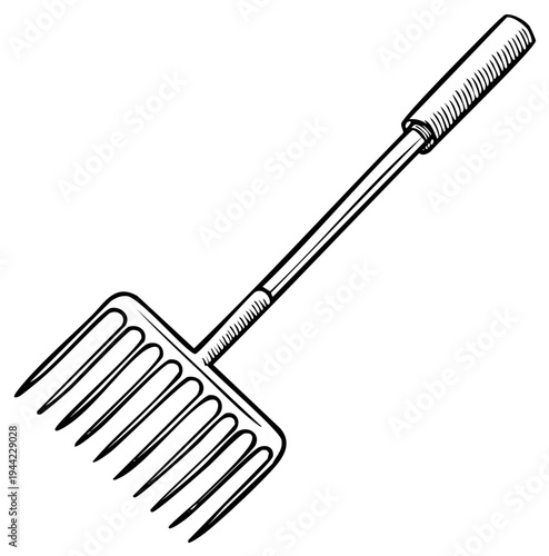 Hand drawn rake illustration for gardening and yard work tasks, vector element for agriculture and landscaping
