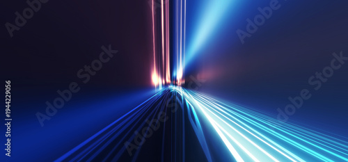 Dark abstract futuristic background. The geometric shape of a triangle in the middle of the scene. Neon blue-pink rays of light on a dark background