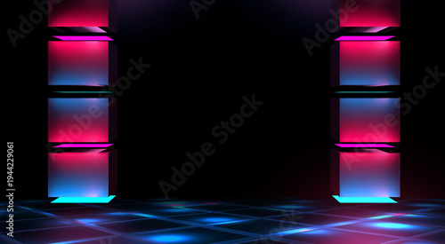 Dark abstract background with neon glow and lines. Party background with neon light, reflection on the surface.