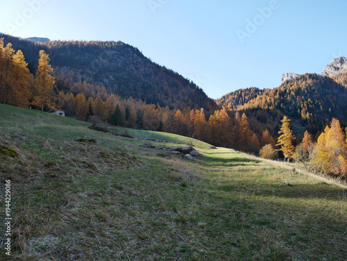 Autumn in the Alps. Chardonney, a hamlet of Champorcher, Aosta Valley, Alps, Italy.