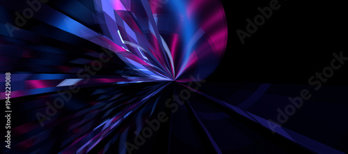 Neon lights cut through the dark background, creating patterns that convey movement and energy. Bright lines draw the eye to the center, inviting exploration.