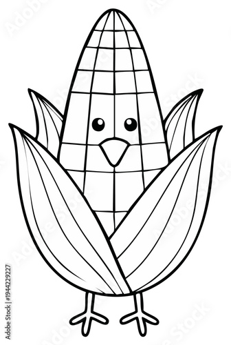 Cartoon corn character with face and feet, in husks, outline illustration.