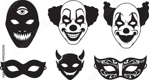 Collection of various Halloween masks and face paint designs