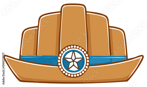 Stylized cowboy hat illustration with a blue band and star badge emblem