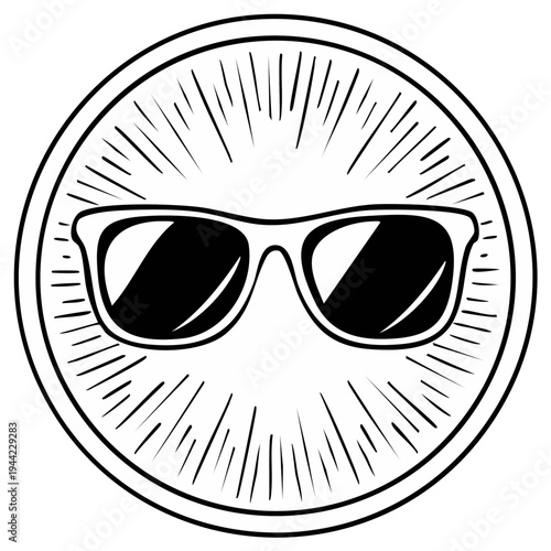 Sunglasses emblem with radial lines in a circle. Retro design of eye wear.