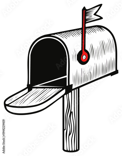Open Mailbox Illustration with Red Flag Raised for Outgoing Letters and Parcels